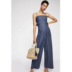 Free People Denim Tie-Shoulder Wide Leg Jumpsuit